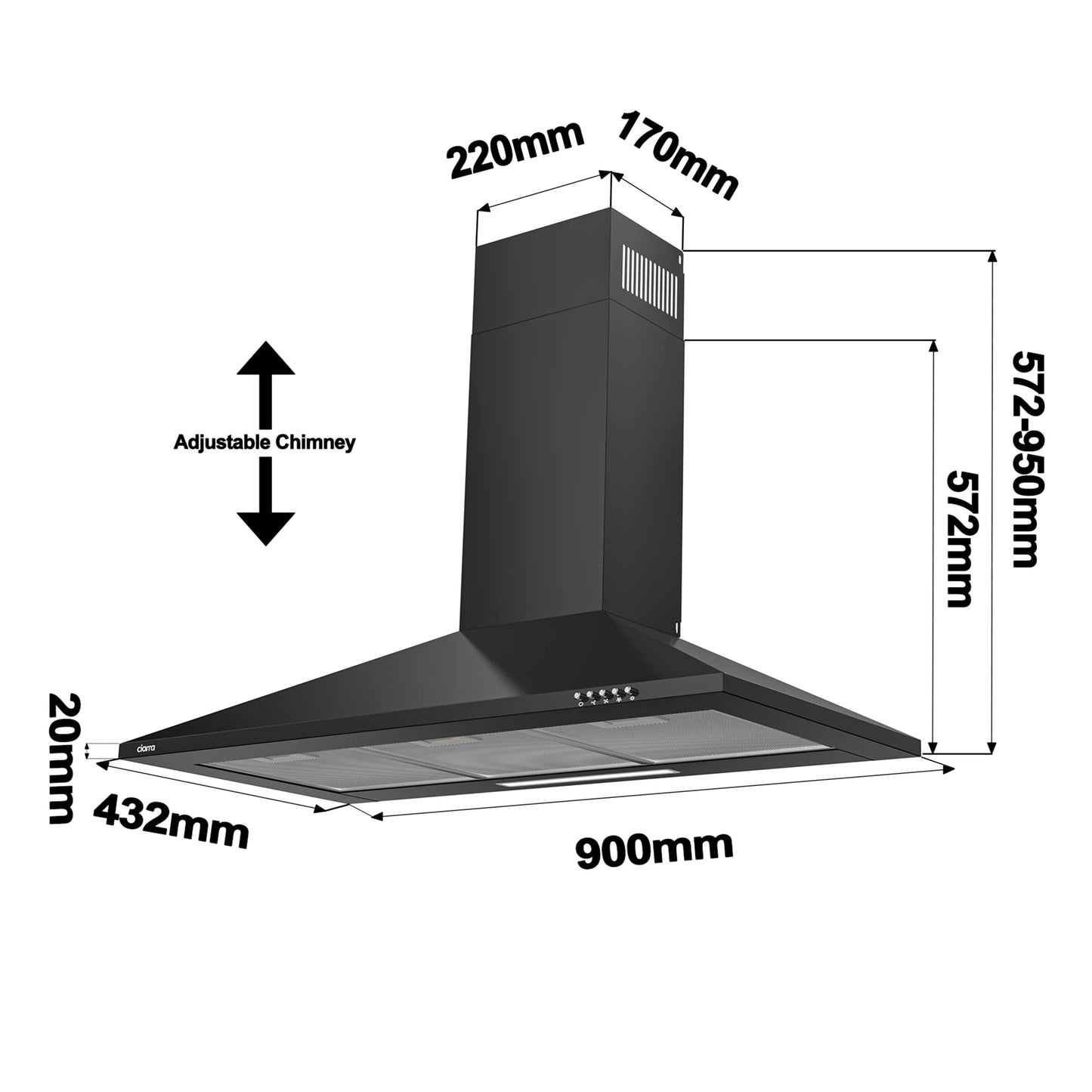 Ciarra CBCB9201 Hotte Aspirante 90 cm - Classe A++ - 370m³/h - 3 Vitesses - Recyclage ou Evacuation - Cheminée Extensible - Filtres à Charbon INCLUS - Noir
