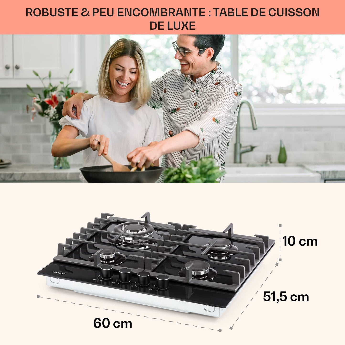 Klarstein Plaque de Cuisson Gaz à 4 Brûleurs en Acier Inoxydable, Table de Cuisson Encastrable à 4 Feux de 8100W, Cuisinières GP