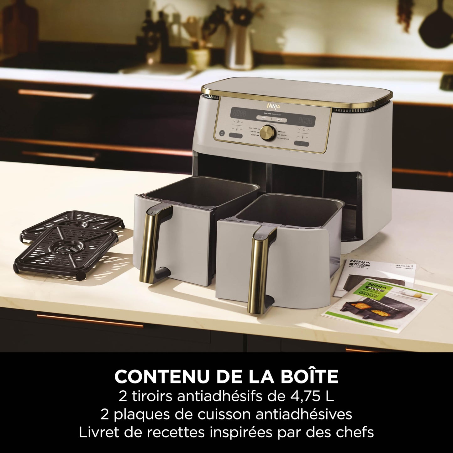 NINJA Dual Zone Max Air Fryer 2 Compartiments, Capacité Familiale de 9,5L, Max 240°C, Air Fryer 6-en1, Pièces Antiadésives Amovibles Lavables Au Lave-Vaisselle, Stone/Or DZ400EUSTGD