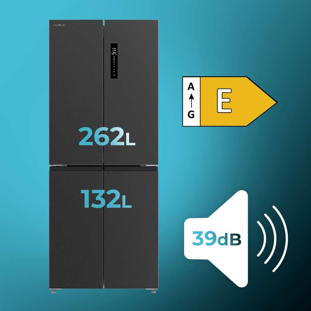 Cecotec Réfrigérateur 4 Portes Total No Frost Bolero CoolMarket 4D 394 Dark E, 394 Litres, Hauteur 170 cm et 70 cm Largeur, Tiroir Température Variable, Compresseur Inverter, ATT Antibactérien