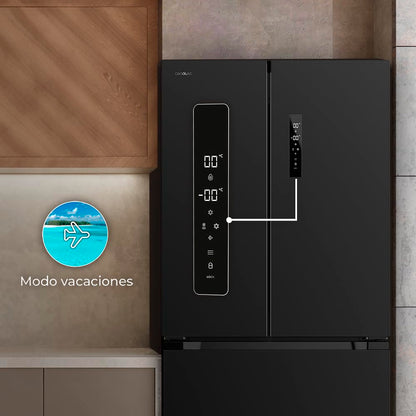 Cecotec Réfrigérateur Congélateur porte française Bolero CoolMarket FD 436 Dark E. 436 L, Total No Frost, Multi Airflow y compresseur inverter para ahorro energético.