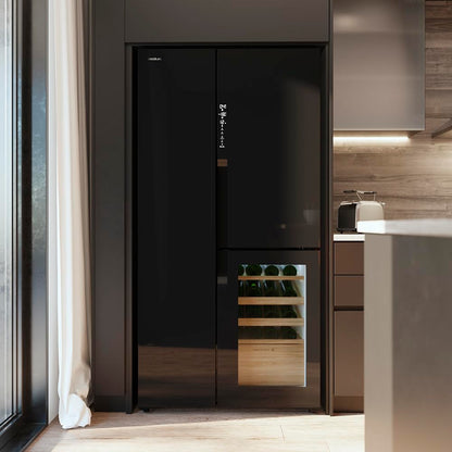 Cecotec Réfrigérateur 3 Portes Bolero CoolMarket TDW 548 Black Glass E, Classe E, 548L, Design T Door, Compresseur Inverter Plus, Total No Frost, Metal Cooling, Multi AirFlow, Fast Cooling et Freezing