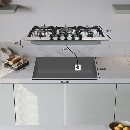 SNDOAS Plaque de Cuisson Gaz 5 Feux, Plaque Gaz avec Panneau en Acier Inoxydable, Sécurité Thermocouple, Convient pour le Gaz Naturel/Propane, 68cm, 10480 W, 220-240 V