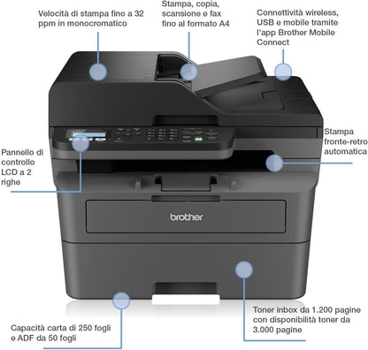 Brother MFC-L2835DW - Multifonction 4 en 1 (Impression/Scan/Copie/Fax) Laser Noir et Blanc - WiFi et Ethernet - Eligible au forfaitd'encre EcoPro