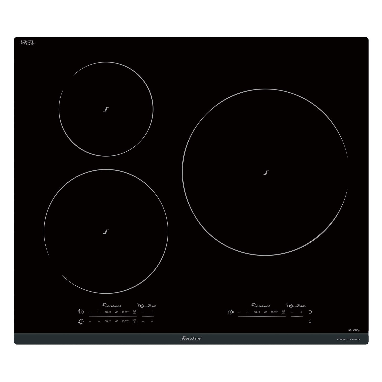 Sauter - SPI9544B - Plaque Induction - Table de Cuisson Encastrable - Noir - 3 Foyers - 7400W - Dimensions Encastrement : 56x49cm - Grand Foyer 28 cm - Fabriqué en France