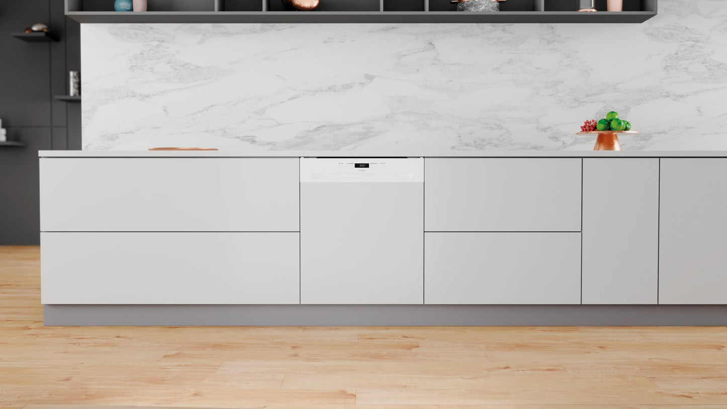 Lave vaisselle encastrable 60 cm Whirlpool WBC3C26 - Lave vaisselle integrable Bandeau blanc - Classe énergétique A++ / Affichage temps restant - Départ différé