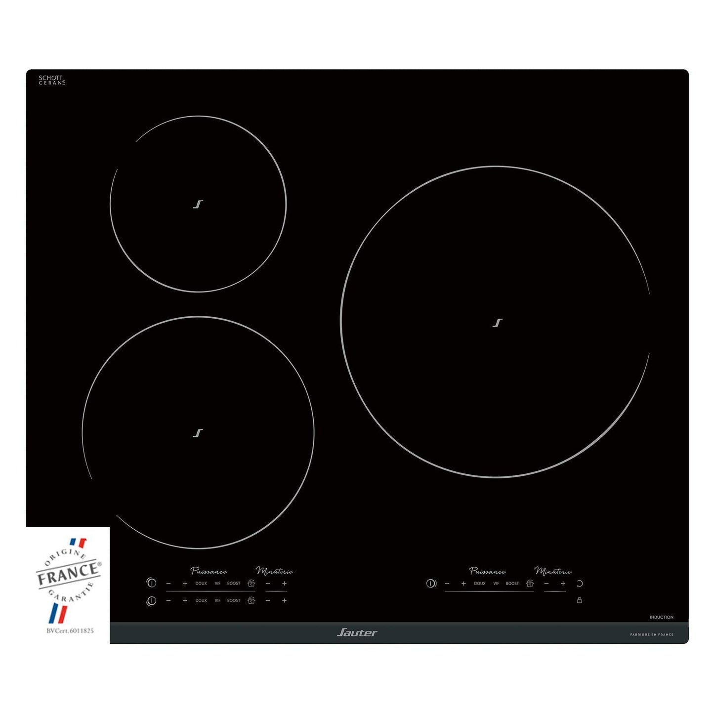 Sauter - SPI9544B - Plaque Induction - Table de Cuisson Encastrable - Noir - 3 Foyers - 7400W - Dimensions Encastrement : 56x49cm - Grand Foyer 28 cm - Fabriqué en France