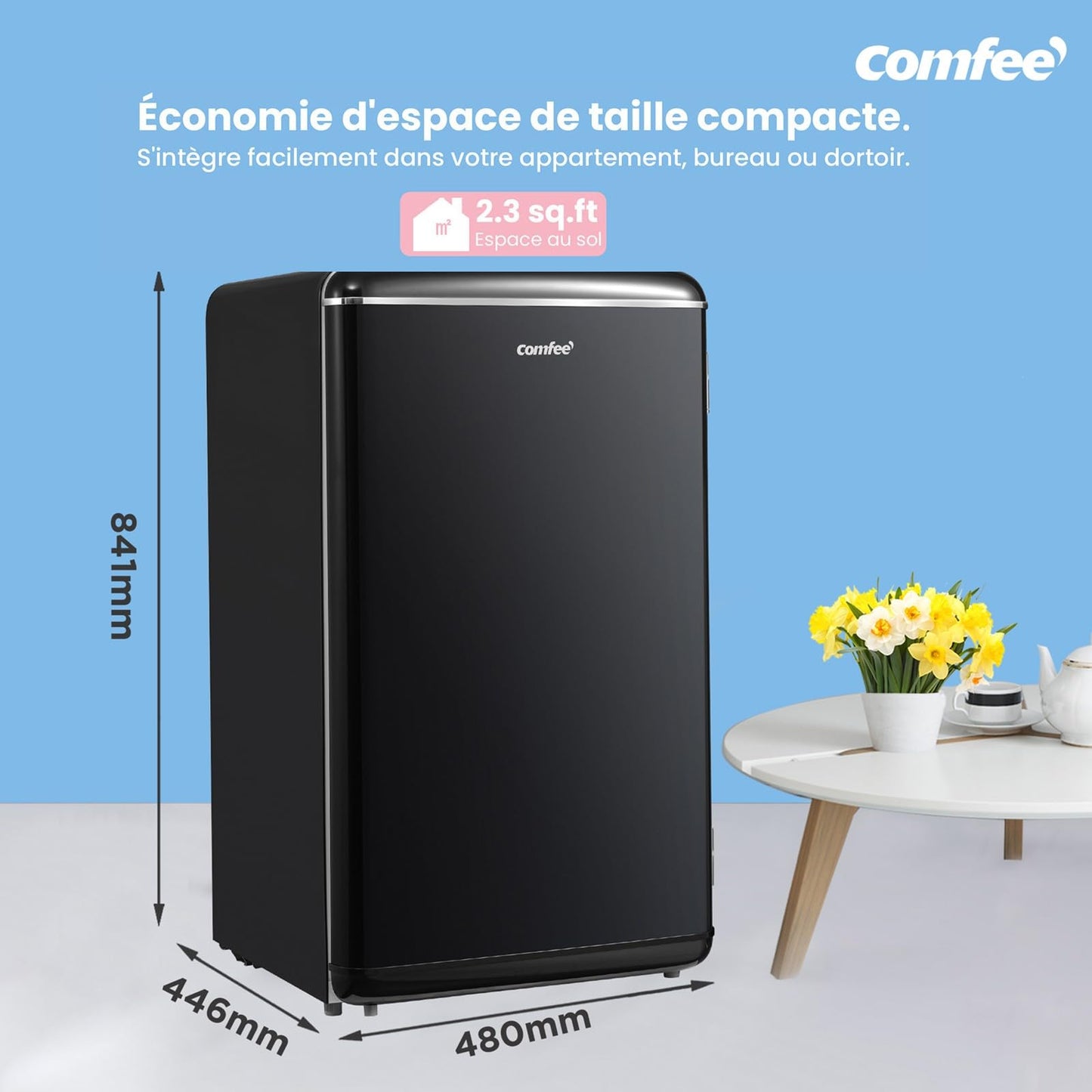 Comfee' RCD93BL2EURT(E) Réfrigérateur Sous-Plan, 93L, Réfrigérateur Rétro Pose Libre avec Compartiment Réfrigérant, Thermostats Réglables, Lumière LED, Noir