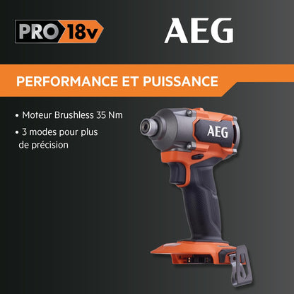 AEG - Visseuse à chocs 18V BRUSHLESS, 350 Nm, 3 modes, 0 à 2900 tr,min, 0 à 4200 cps,min, réception Hex 1,4", sans batt. ni chargeur, en carton