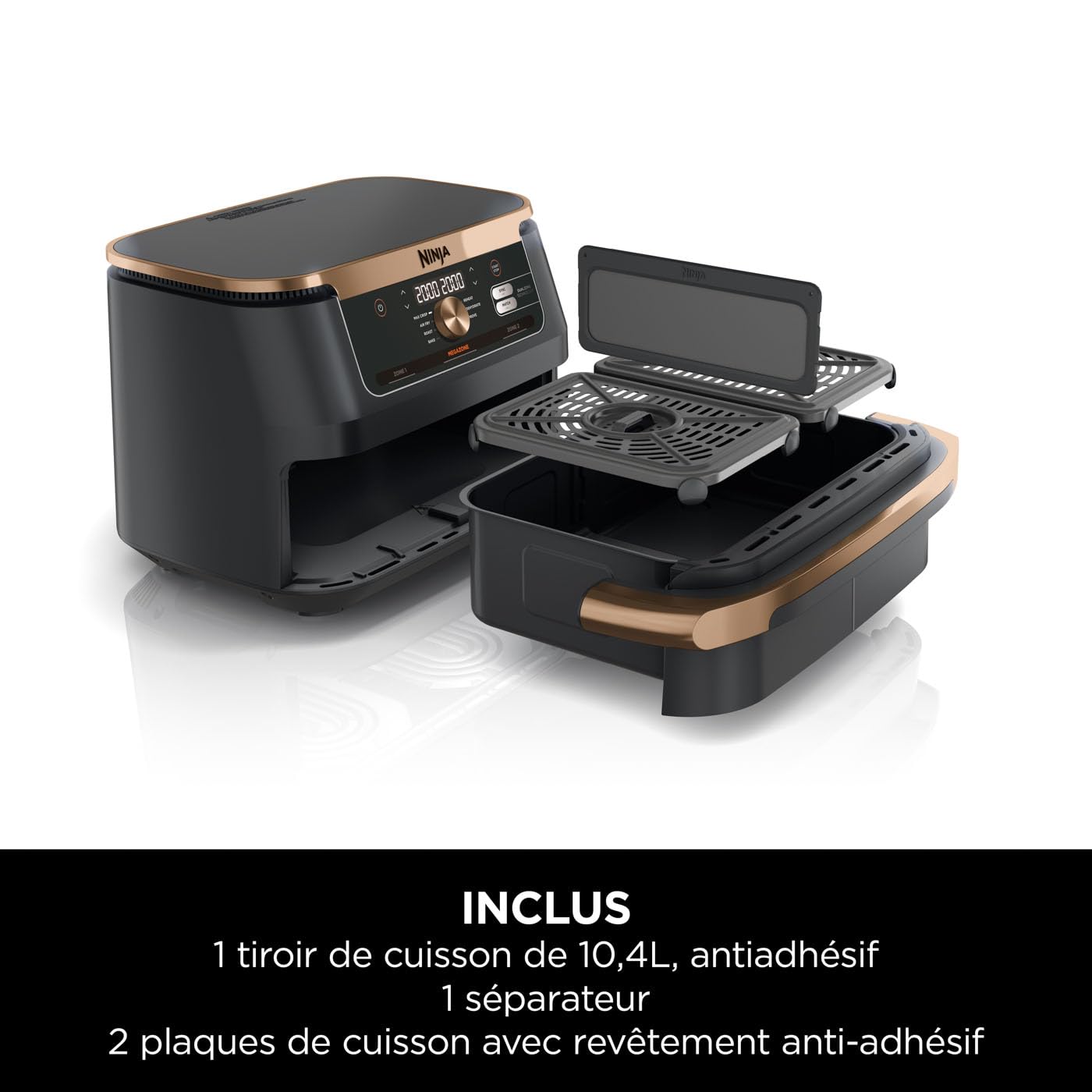 NINJA Foodi FlexDrawer Air Fryer, Dual Zone Avec Séparateur Amovible, Grand Tiroir de 10.4 L, 7-en-1, Double Zone, Pièces Antiadhésives Compatibles Au Lave-Vaisselle, Noir & Cuivre, AF500EUCP