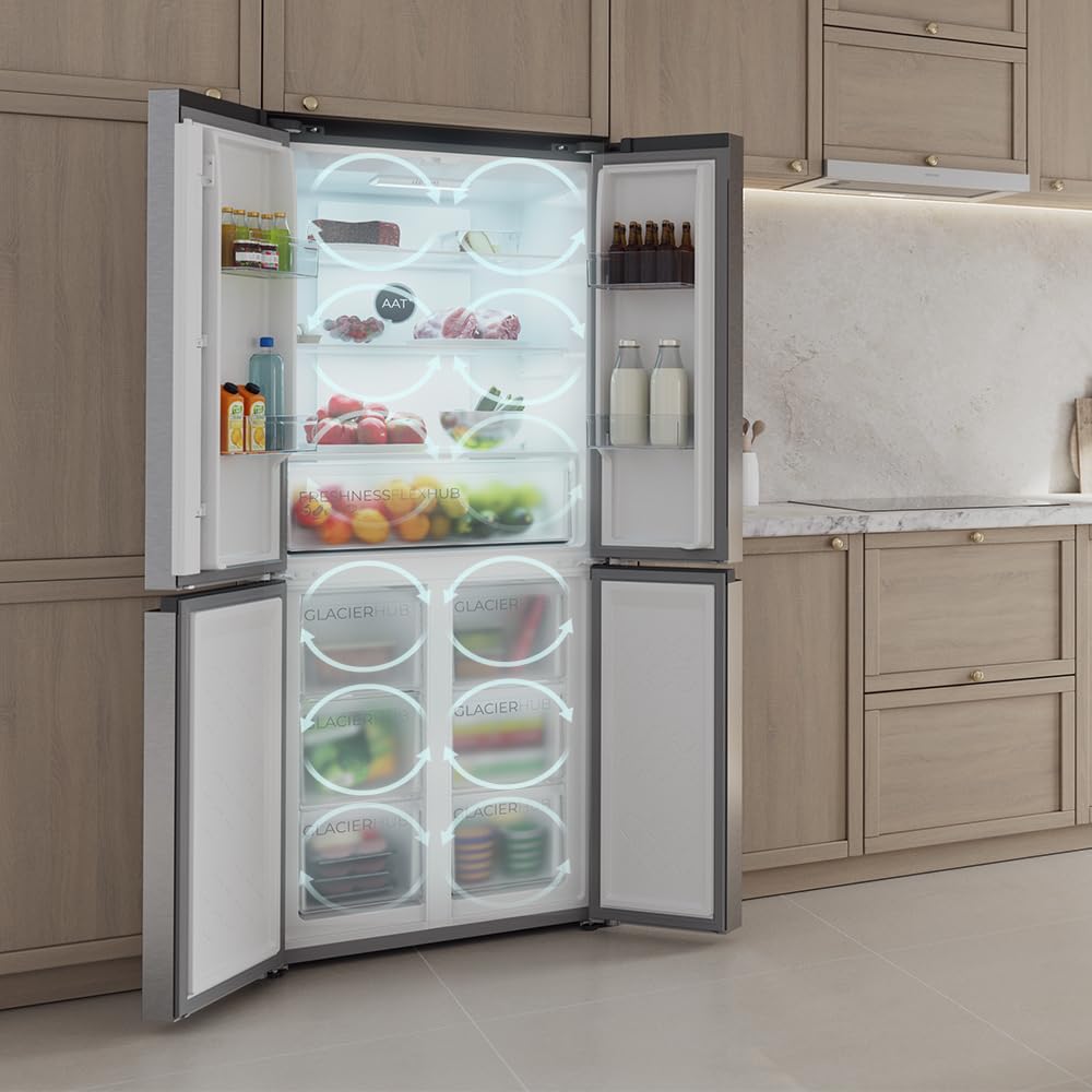 Cecotec Réfrigérateur 4 Portes Total No Frost Bolero CoolMarket 4D 394 Inox E,394 Litres, Hauteur 170 cm et 70 cm Largeur, Tiroir Température Variable, Compresseur Inverter, ATT Antibactérien