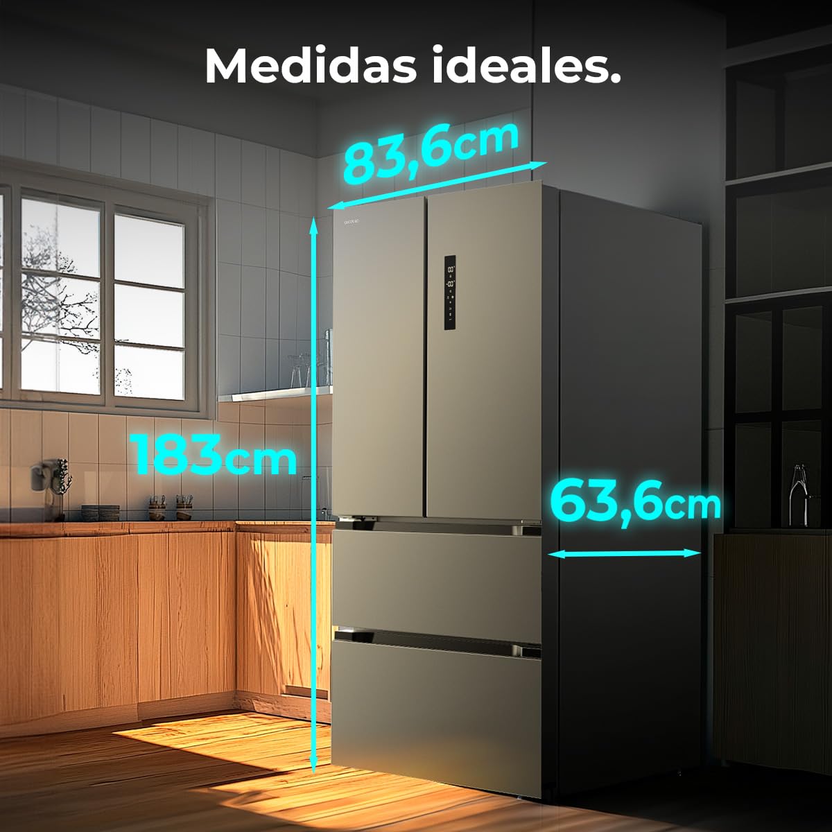 Cecotec Réfrigérateur Congélateur porte française Bolero CoolMarket FD 436 Dark E. 436 L, Total No Frost, Multi Airflow y compresseur inverter para ahorro energético.