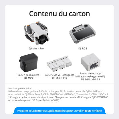 DJI Bundle avec Mini 4 Pro Fly More avec RC 2 (Radiocommande avec Écran), Mini Drone Pliable avec Caméra 4K, Moins de 0,549 lb/249 g, Temps de Vol de 34 min, 2 Batteries Supplémentaires, C0