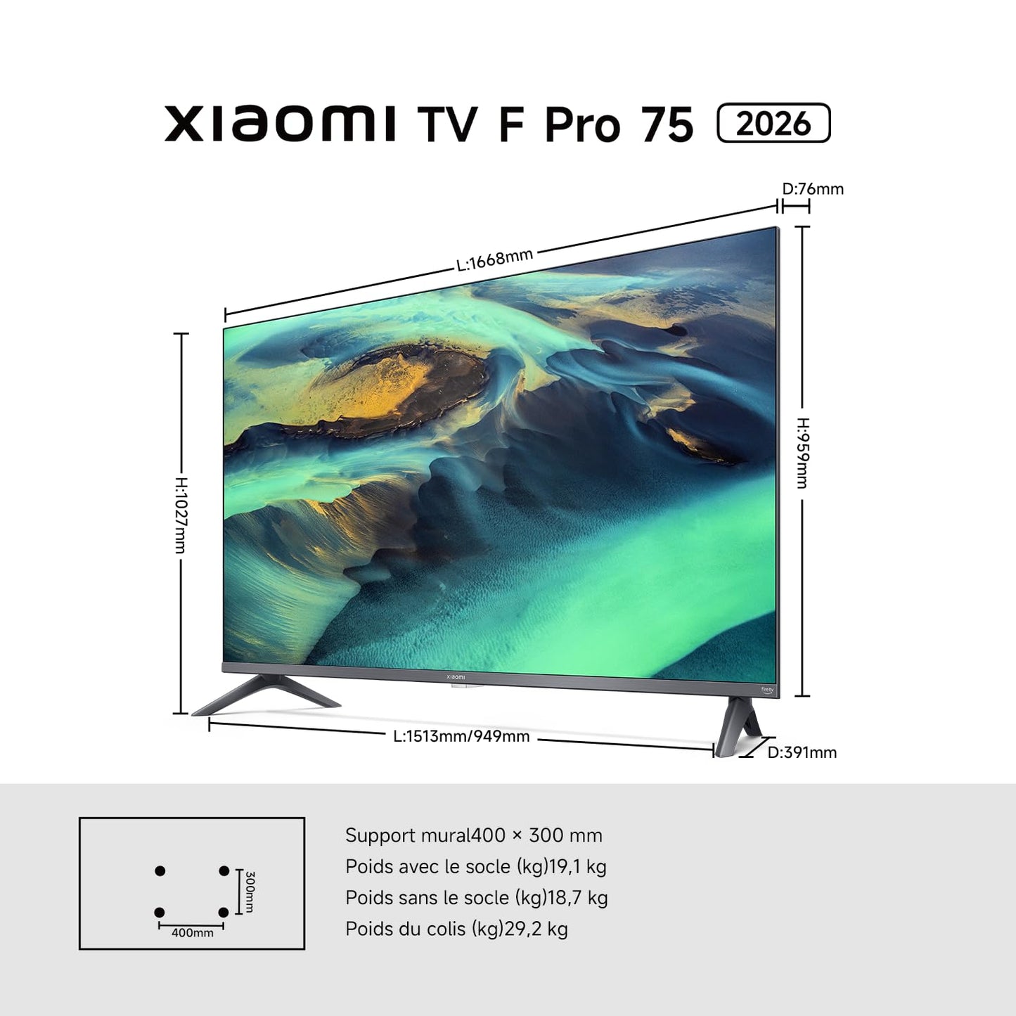 XIAOMI TV F Pro 75, 190 cm (75 Pouces), 4K UHD QLED, Smart TV, Fire TV, Contrôle Vocal Alexa, HDR10+, Mode Game Boost 120Hz, MEMC, 2Go+32Go, Compatible avec AirPlay