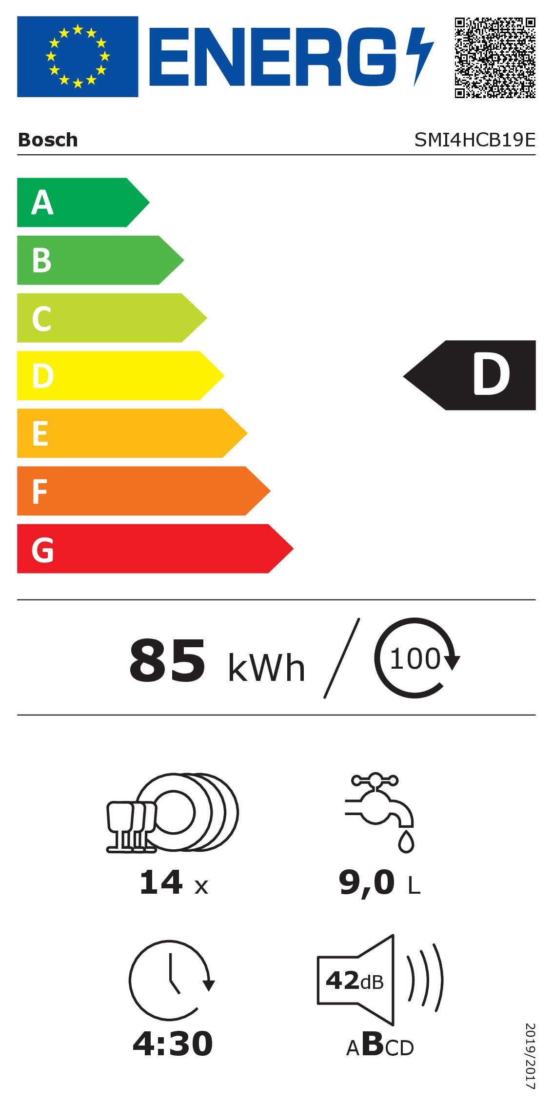 Bosch SMI4HCB19E, Série 4, Lave-vaisselle encastrable, 60cm, 14 couverts, Silence Plus 42 dB, Bandeau noir