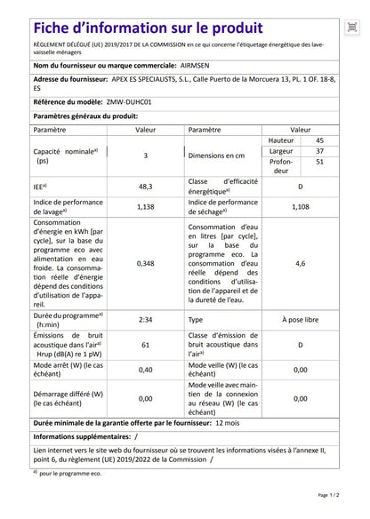 AIRMSEN Mini Lave-vaisselle de Table avec 7+2 Programmes, Design Ultra-Étroit & Profond 37 * 50cm, 4 couverts, Démarrage Différé 1-24H, Double Jet 360°, Réservoir d'Eau de 5L, Blanc (Blanc)
