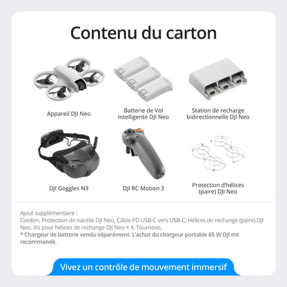 Bundle Motion Fly More DJI Neo, Mini Drone avec Caméra 4K UHD pour Adultes, Drone Suiveur qui Vole Seul de 135 g, Décollage du Creux de la Main, Suivi de Sujet, avec RC Motion 3 et 3 Batteries