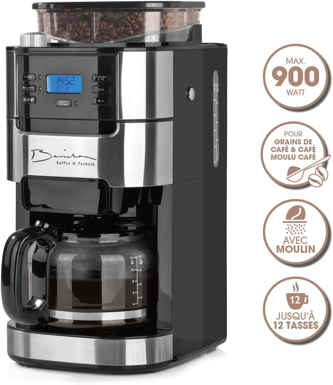 Barista Kaffee & Technik Cafetière Filtre avec verseuse erseuse en verre 1L pur 12 tasses de café, Machine a cafe grain avec broyeur et écran digital, Fonction de minuterie