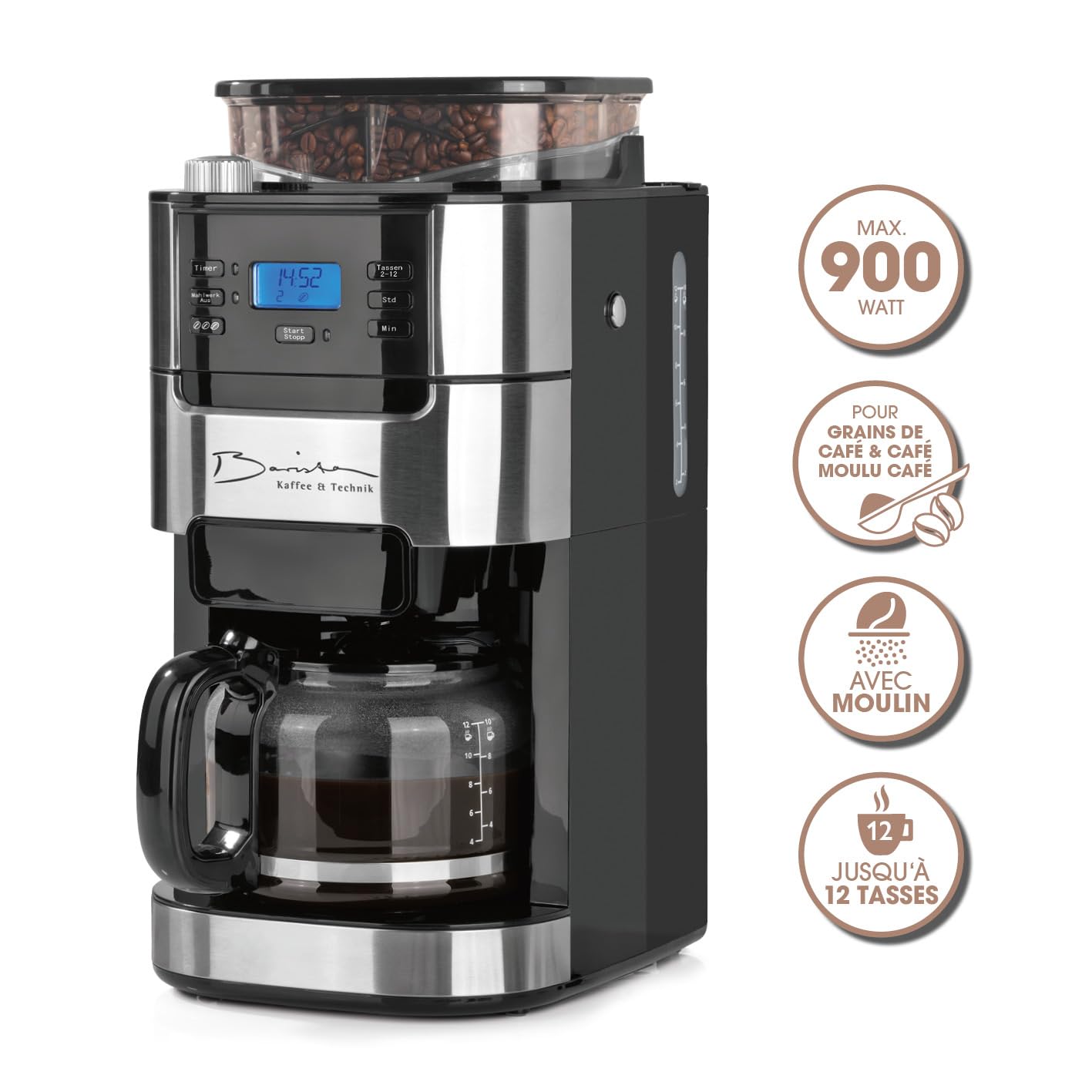 Barista Kaffee & Technik Cafetière Filtre avec verseuse erseuse en verre 1L pur 12 tasses de café, Machine a cafe grain avec broyeur et écran digital, Fonction de minuterie