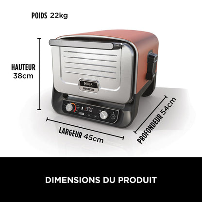 Ninja Woodfire Four à pizza extérieur électrique 8-en-1, rotissoire & fumoir barbecue avec grille, plaque pro-heat, pierre à pizza, granulés de bois et pelle, 6 réglages, orange foncé OO101EU