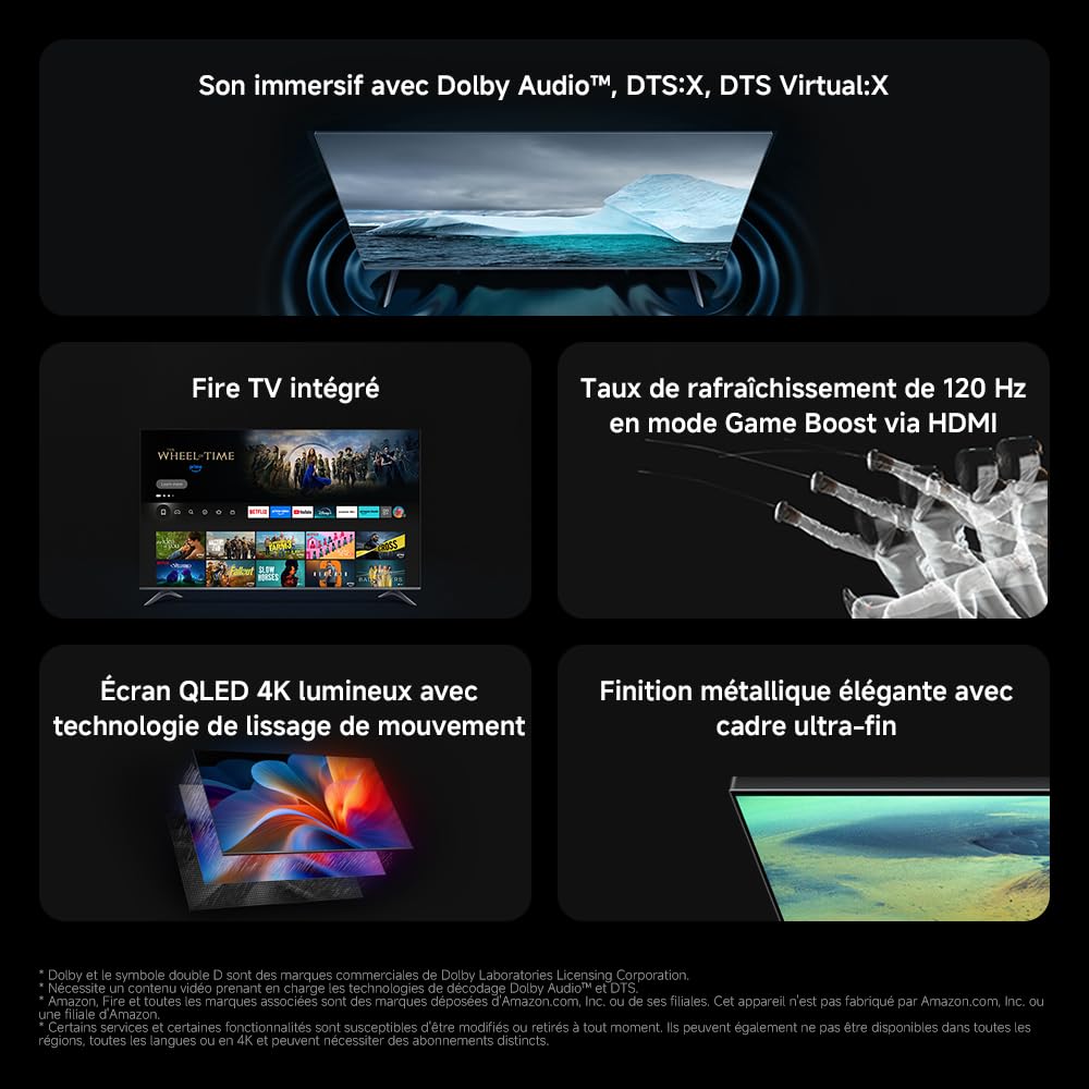 XIAOMI TV F Pro 50, 127 cm (50 Pouces), 4K UHD QLED, Smart TV, Fire TV, Contrôle Vocal Alexa, HDR10, Mode Game Boost 120Hz, MEMC, 2Go+32Go, Compatible avec AirPlay
