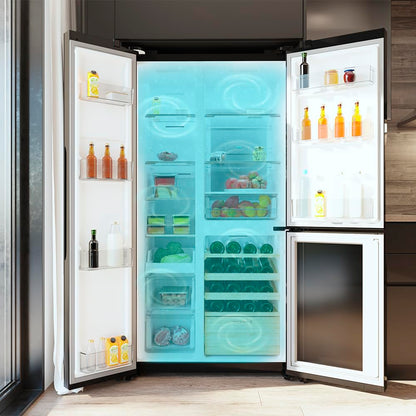 Cecotec Réfrigérateur 3 Portes Bolero CoolMarket TDW 548 Black Glass E, Classe E, 548L, Design T Door, Compresseur Inverter Plus, Total No Frost, Metal Cooling, Multi AirFlow, Fast Cooling et Freezing