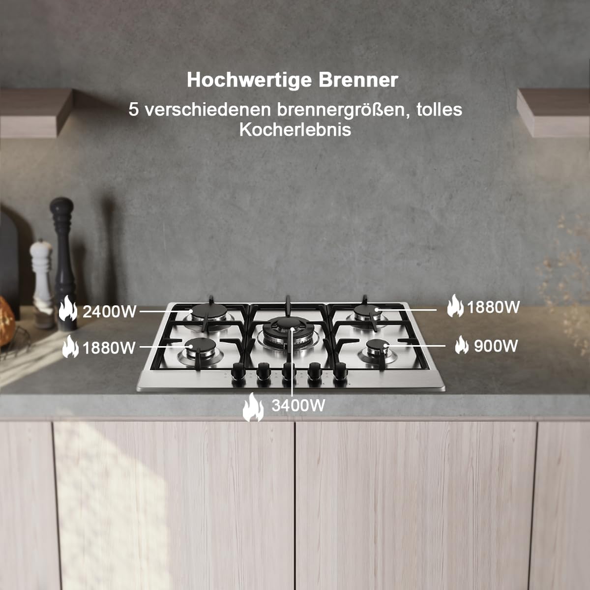 SNDOAS Plaque de Cuisson Gaz 5 Feux, Plaque Gaz avec Panneau en Acier Inoxydable, Sécurité Thermocouple, Convient pour le Gaz Naturel/Propane, 68cm, 10480 W, 220-240 V