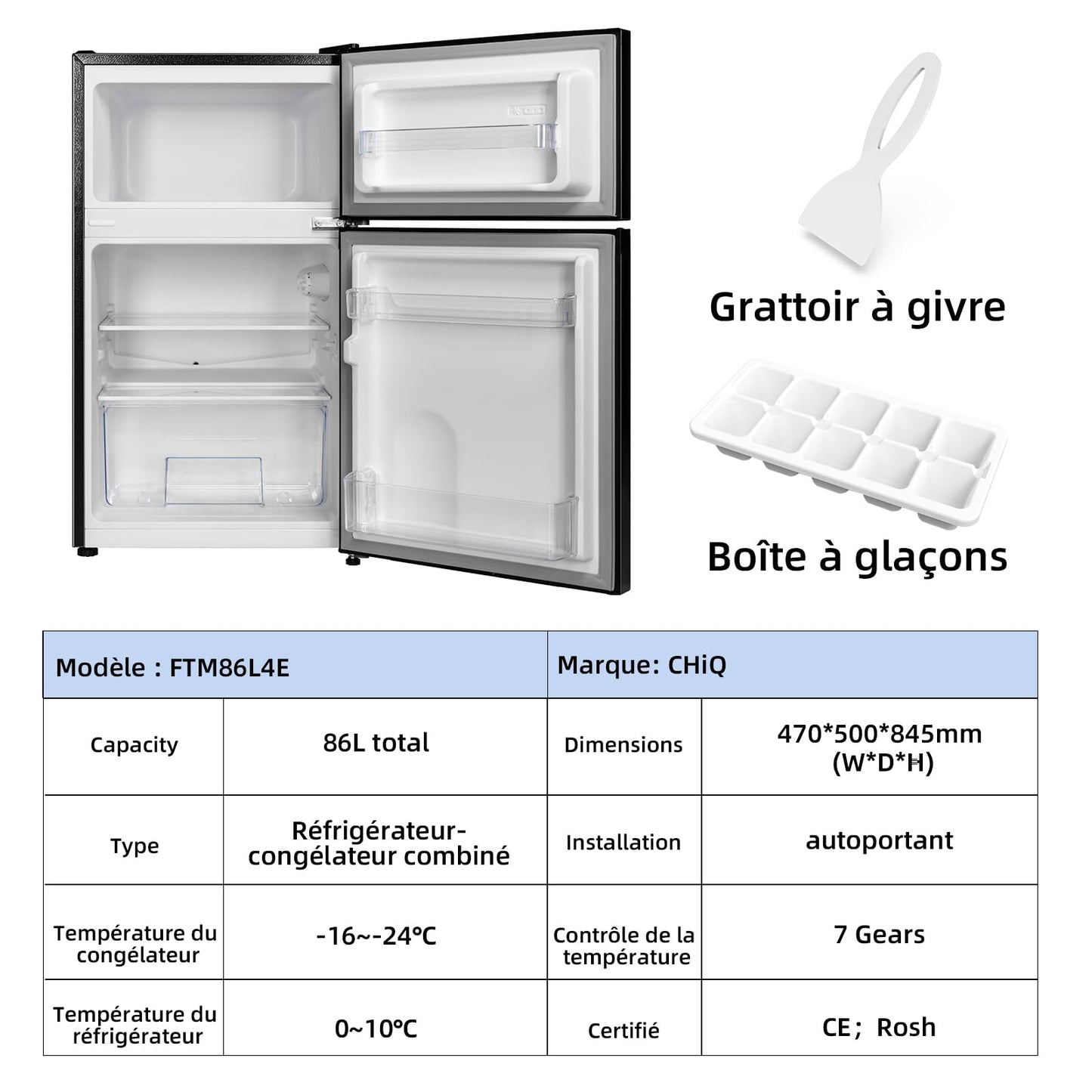CHIQ Réfrigérateur congélateur en haut Réfrigérateur congélateur - 86 L (61/25L) - Portes réversibles, Congélateur 4 étoiles, Machine à glaçons, Garantie compresseur 12 ans, Classe E