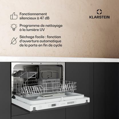 Klarstein Lave Vaisselle Encastrable - Compact 45 cm, 6 Couverts, Programme UV Hygiène, AquaStop Sécurité, Classe Énergie D, Silencieux 47 dB, Commande Intuitive