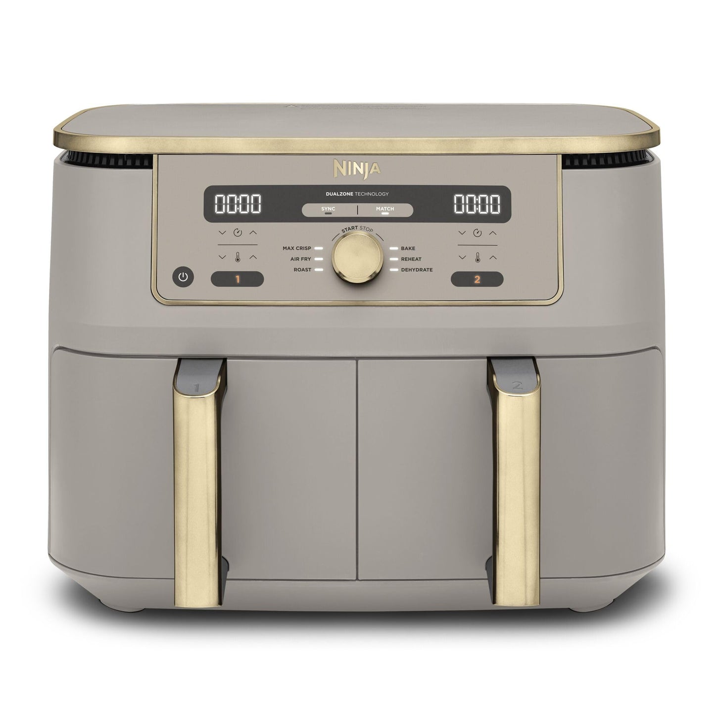 NINJA Dual Zone Max Air Fryer 2 Compartiments, Capacité Familiale de 9,5L, Max 240°C, Air Fryer 6-en1, Pièces Antiadésives Amovibles Lavables Au Lave-Vaisselle, Stone/Or DZ400EUSTGD