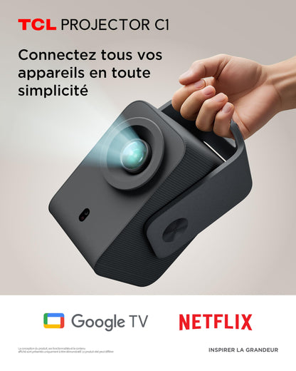 TCL C1 Videoprojecteur 4K Compatibilité, Natif 1080P, Audio Dolby 8 W, Netflix Certifié, Smart Google TV Intégré, Auto Focus/Keystone, Wi-FI Bluetooth, Pivotant à 285° Mini Projecteur Video Portable