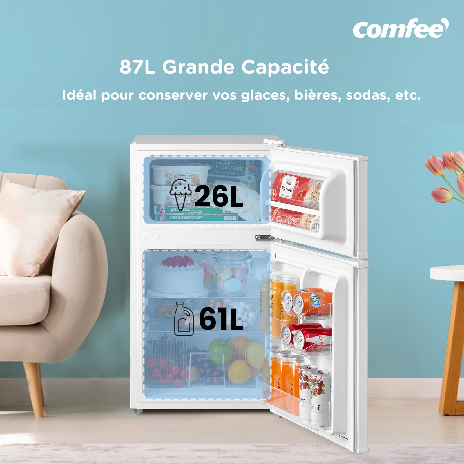 COMFEE' RCT87WH2(E) Réfrigérateur Congélateur Sous Plan, Petit Réfrigérateur Congélateur 87L avec Éclairage, Étagères Amovibles, Thermostats Réglables, Portes Réversibles, Blanc [Classe Énergétique E]