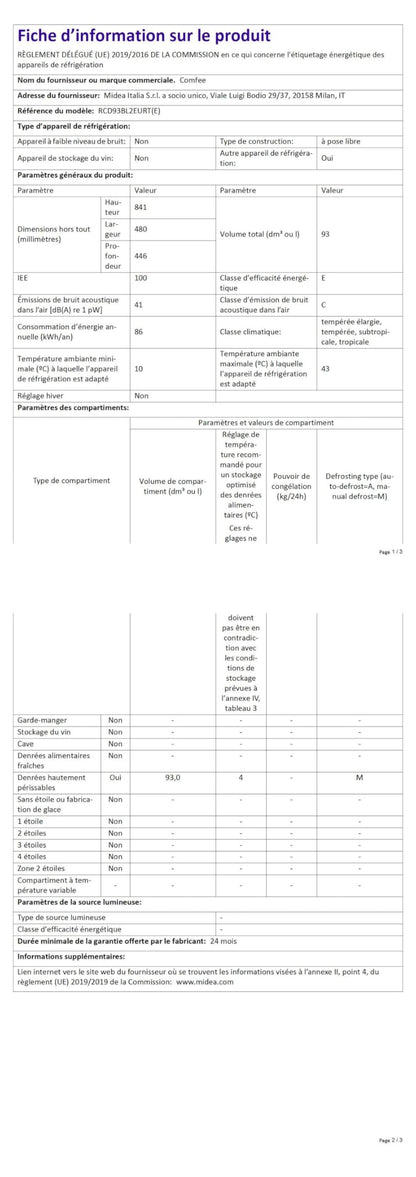 Comfee' RCD93BL2EURT(E) Réfrigérateur Sous-Plan, 93L, Réfrigérateur Rétro Pose Libre avec Compartiment Réfrigérant, Thermostats Réglables, Lumière LED, Noir