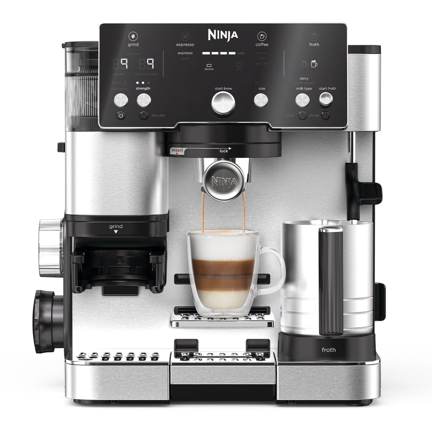 NINJA Machine à café Luxe Essential 2-en-1, Latte, Cappuccino et Espresso avec broyeur à grains et mousseur à lait intégrés, facile à utiliser, 2 préréglages mousse, argent, ES501EU