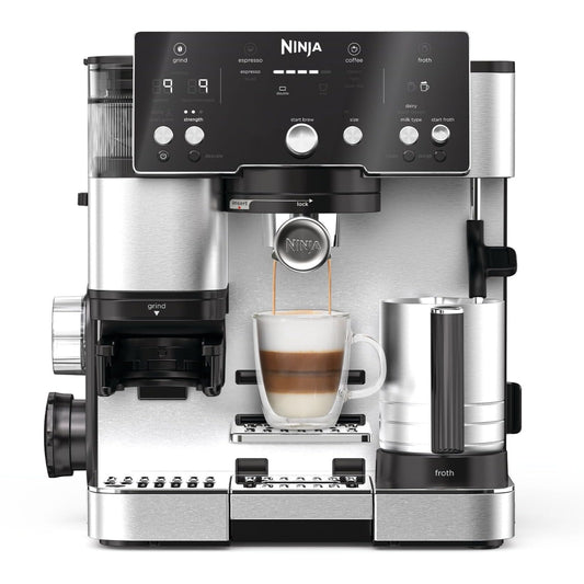 NINJA Machine à café Luxe Essential 2-en-1, Latte, Cappuccino et Espresso avec broyeur à grains et mousseur à lait intégrés, facile à utiliser, 2 préréglages mousse, argent, ES501EU