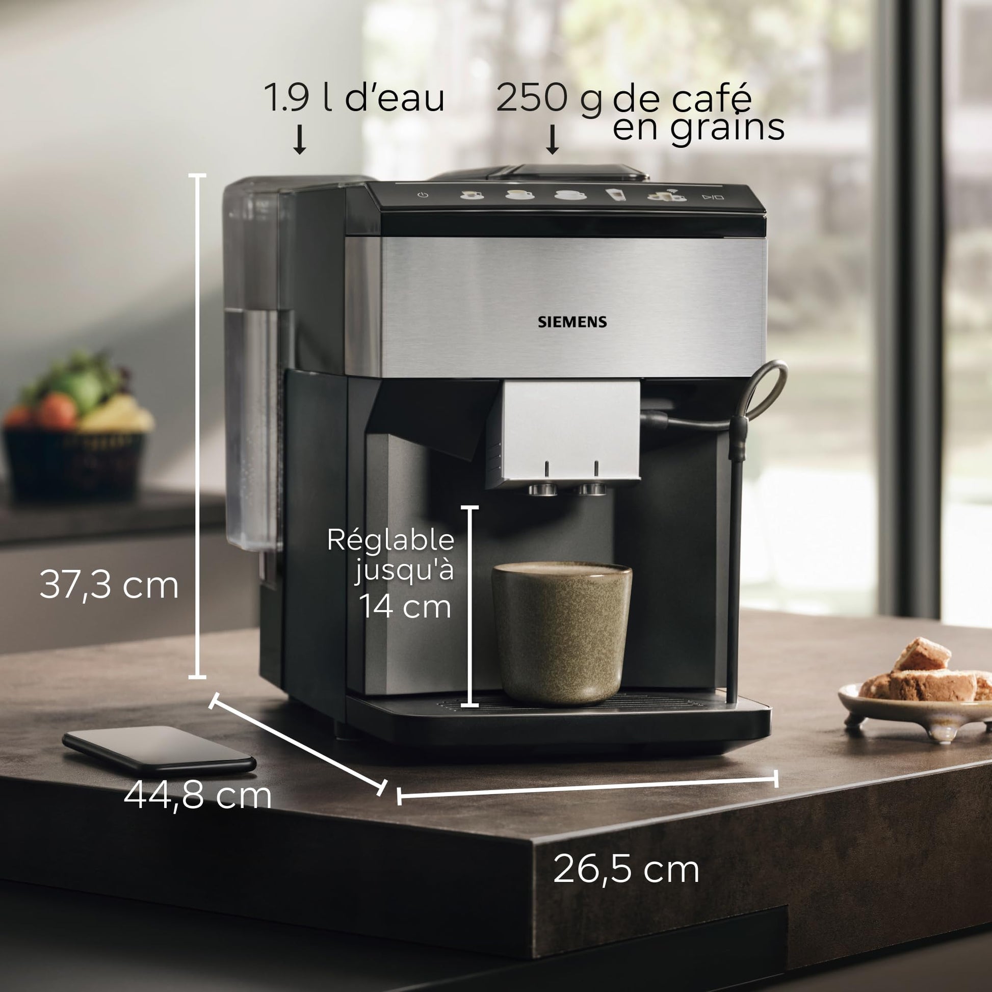 Siemens, machine à café tout automatique, EQ500, Home Connect, aromaDouble Shot, autoMilk Clean, ceramDrive, bandeau avec écran coffeeSelect, oneTouch DoubleCup, Inox/Noir, TP516RX3