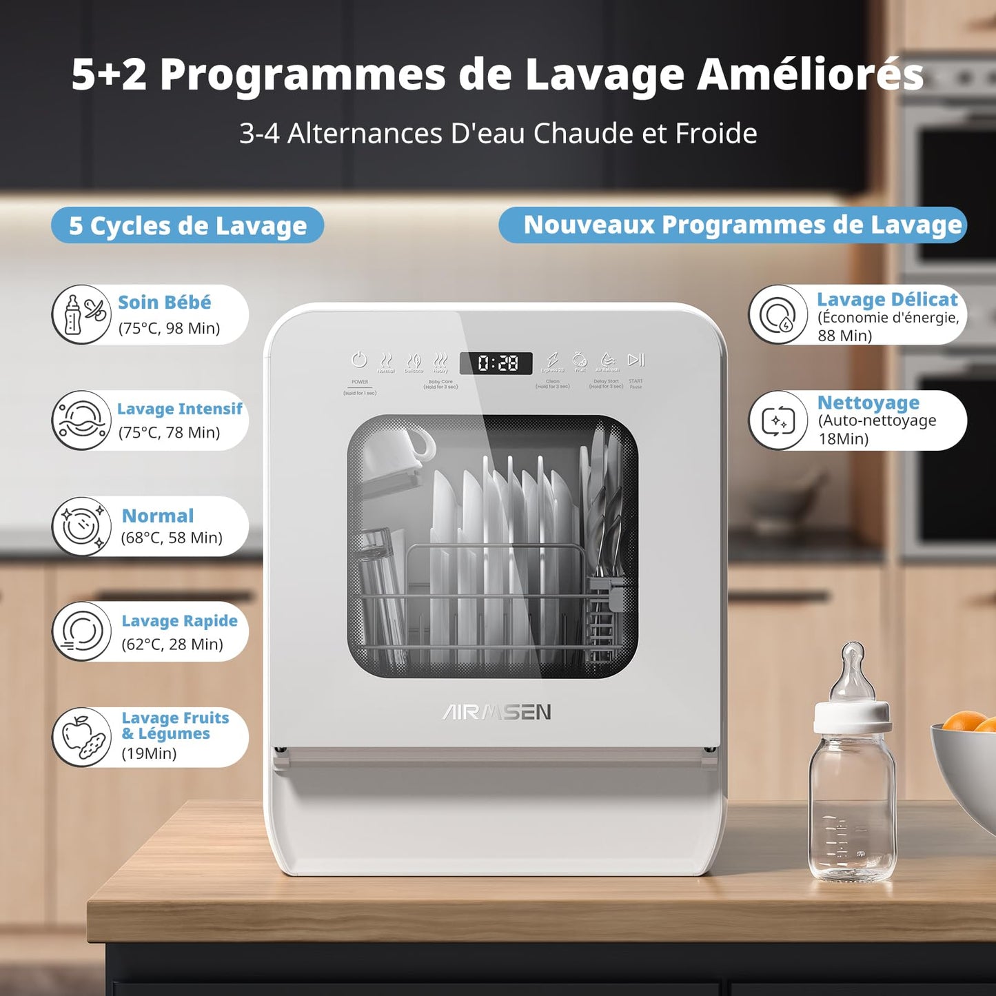 AIRMSEN Mini Lave-vaisselle de Table avec 7+2 Programmes, Design Ultra-Étroit & Profond 37 * 50cm, 4 couverts, Démarrage Différé 1-24H, Double Jet 360°, Réservoir d'Eau de 5L, Blanc (Blanc)