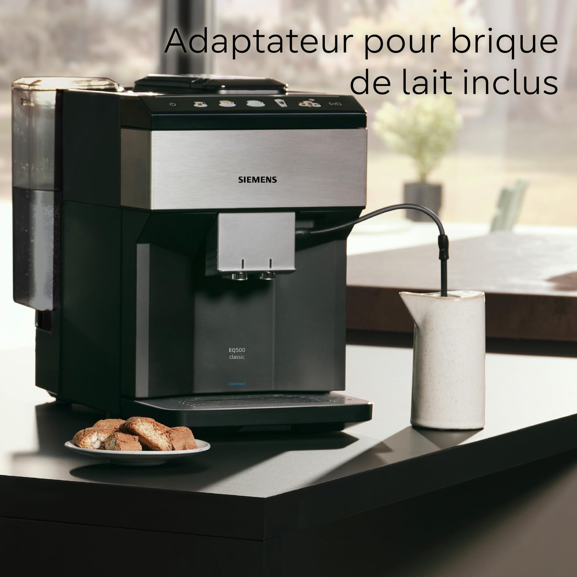 Siemens, machine à café tout automatique, EQ500, Home Connect, aromaDouble Shot, autoMilk Clean, ceramDrive, bandeau avec écran coffeeSelect, oneTouch DoubleCup, Inox/Noir, TP516RX3