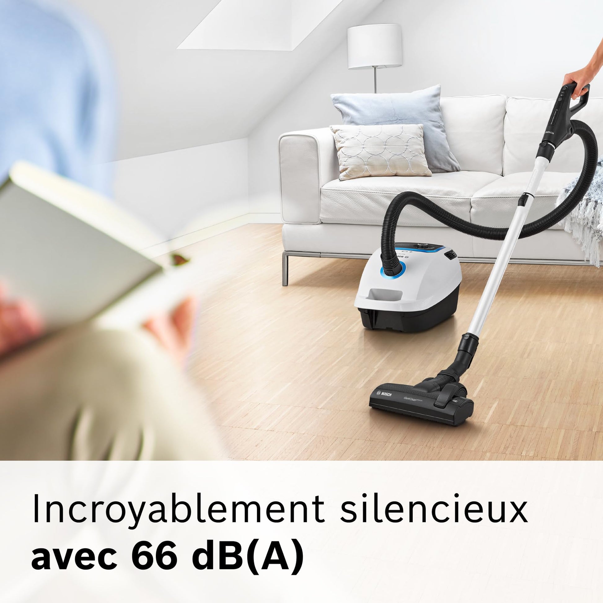 Bosch Electroménager, Série 6, ProSilence BGB6SIL1, aspirateur traîneau avec sac, niveau sonore de 66 dB(A), filtre hygiénique HEPA, moteur puissant, blanc