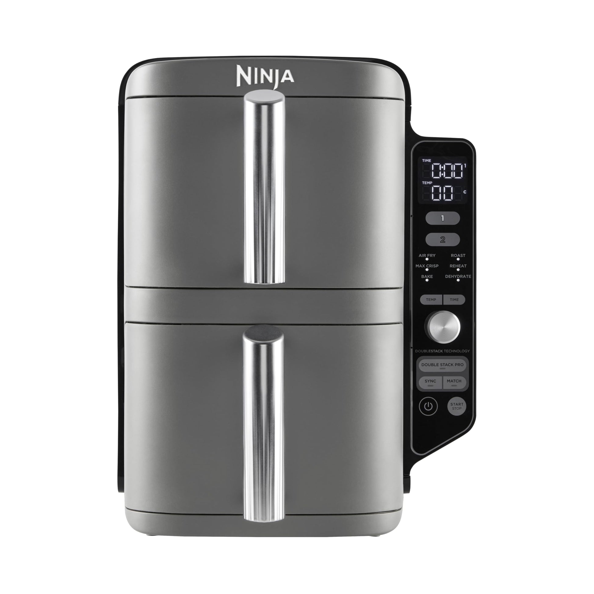 NINJA Double Stack XL Friteuse sans huile, friteuse verticale à 2 tiroirs, 4 niveaux cuisson, 2 tiroirs et 2 grilles, design compact, capacité de 9,5L, 6 fonctions de cuisson, 8 portions, gris SL400EU