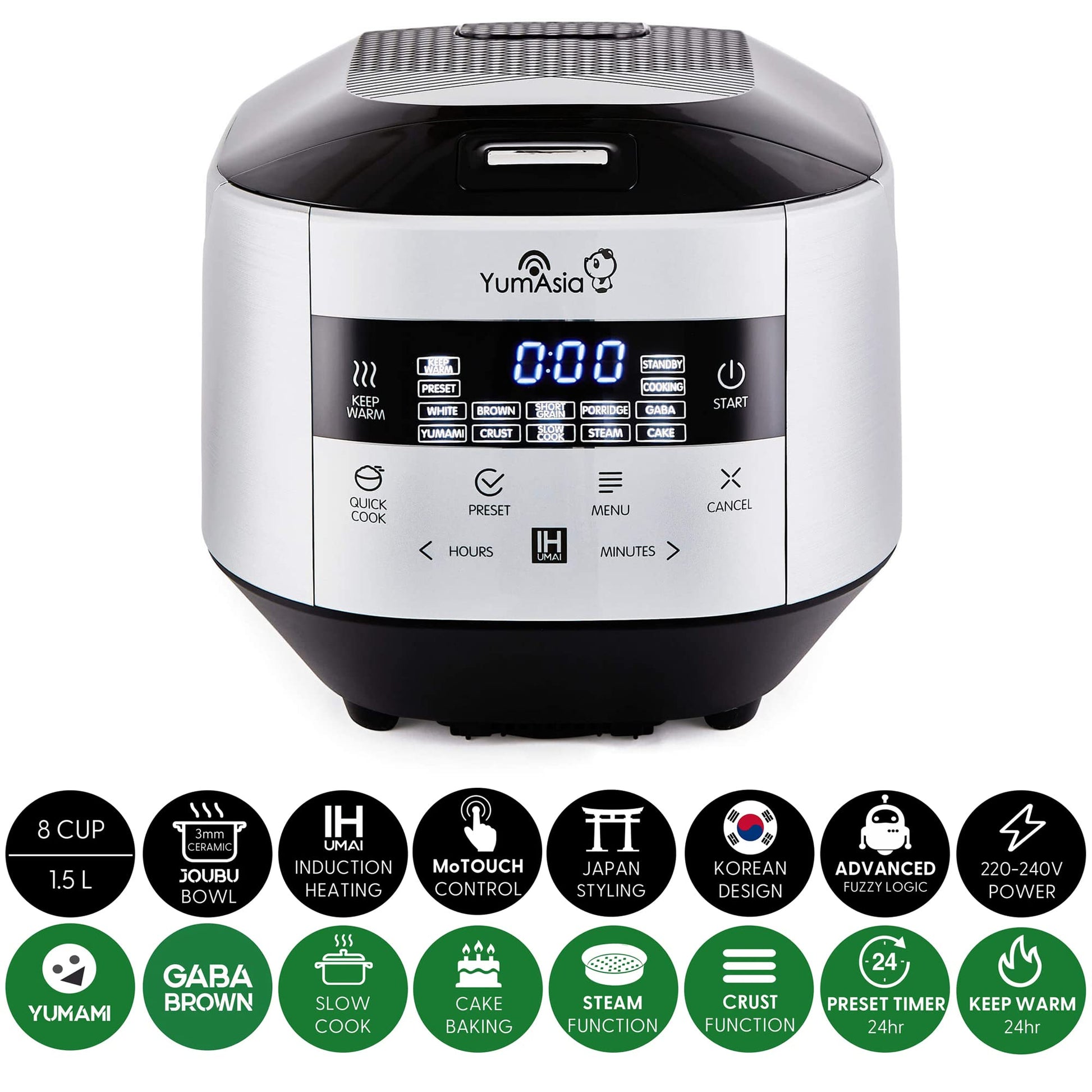 Yum Asia Bamboo Cuiseur à riz avec chauffage à induction (IH) et bol en céramique, 7 fonctions de cuisson au riz, 4 fonctions multicuiseurs, écran LED Motouch – 220-240V EU (Argent métallique)