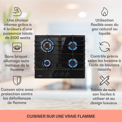 Klarstein Plaque de Cuisson Gaz à 4 Brûleurs en Acier Inoxydable, Table de Cuisson Encastrable à 4 Feux de 8100W, Cuisinières GP