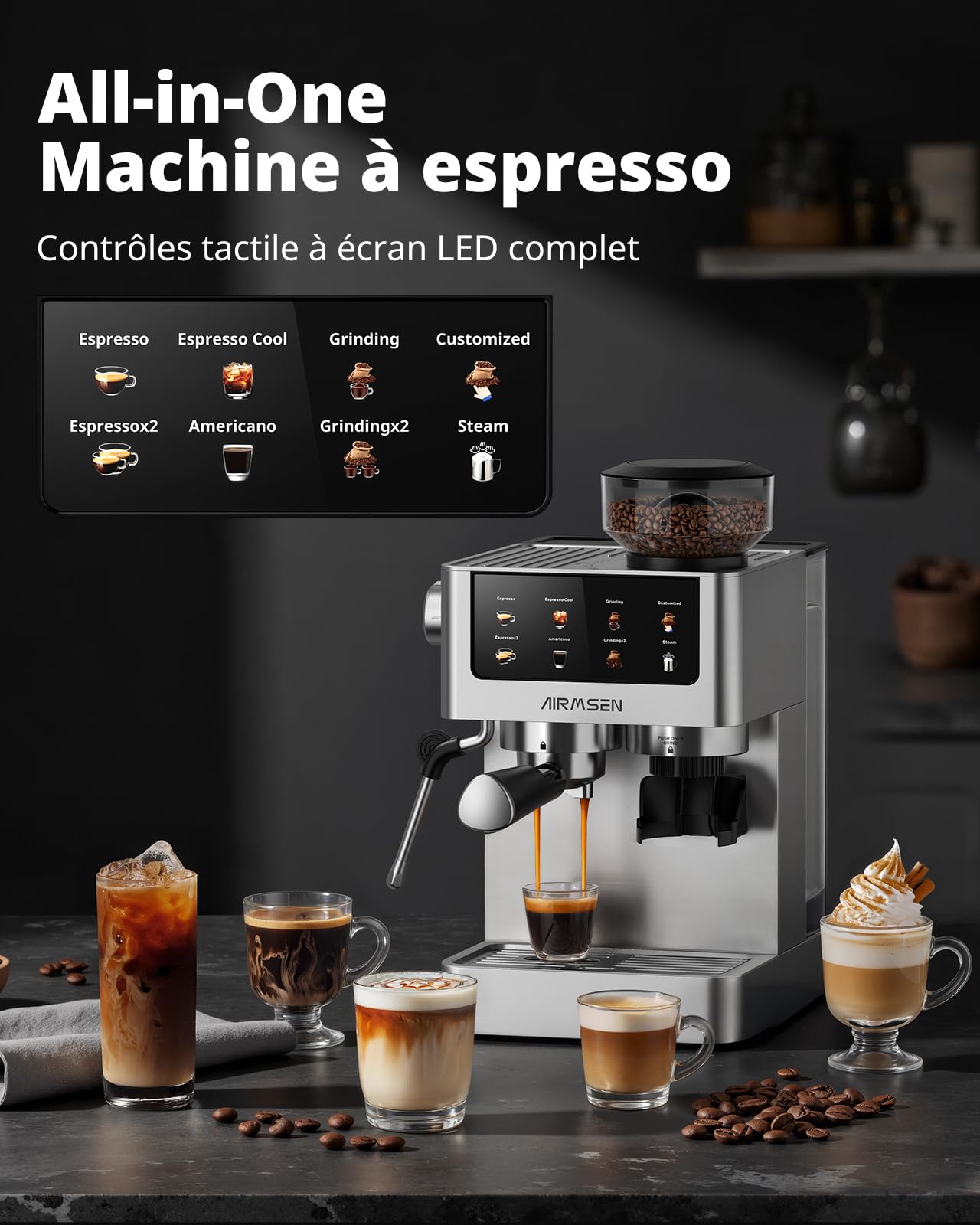 AIRMSEN Espresso Machine à Café Grain à Tasse avec Mousseur à Lait - Programmable, Écran Tactile Couleur, Compatible Café Froid (Cold Brew) et Americano, En Acier Inoxydable, Réservoir 1.8L