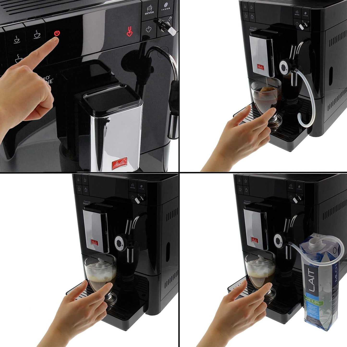 Melitta Passione F530-102 Cafetière automatique avec moulin à café en grains, système de lait, nettoyage automatique, personnalisable, 15 bars, noir (reconditionné)