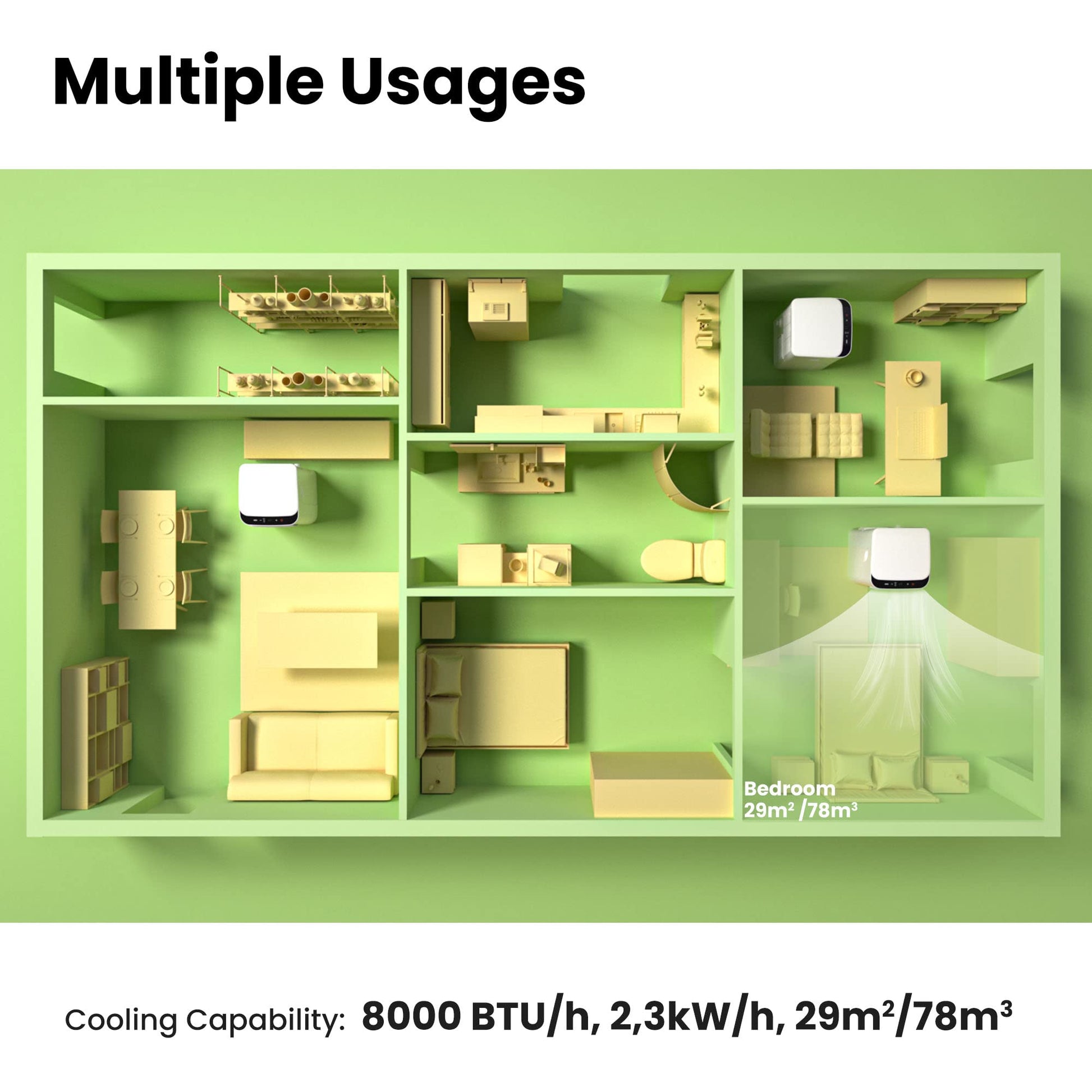 COMFEE' Climatiseur Mobile 8000 BTU/h 2,3kW, 3-EN-1 Refroidisseur Déshumidificateur Ventilateur, Fonction Follow me, Minuterie, Pour salon et appartement de 29㎡/78m³, MPPH-08CRN7, R290