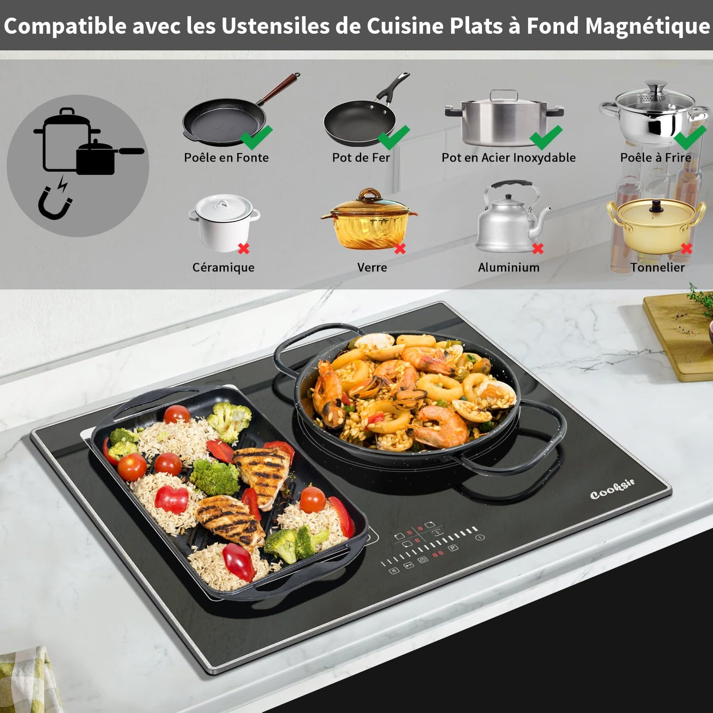 Cooksir Plaque Induction 3 Feux avec Cadre, Table de Cuisson Induction 60cm Encastrable, 6800W, Commande Tactile à Curseur, Bord Inox, Zone Flexibles pour le Grille, Sans Fiche, 240V