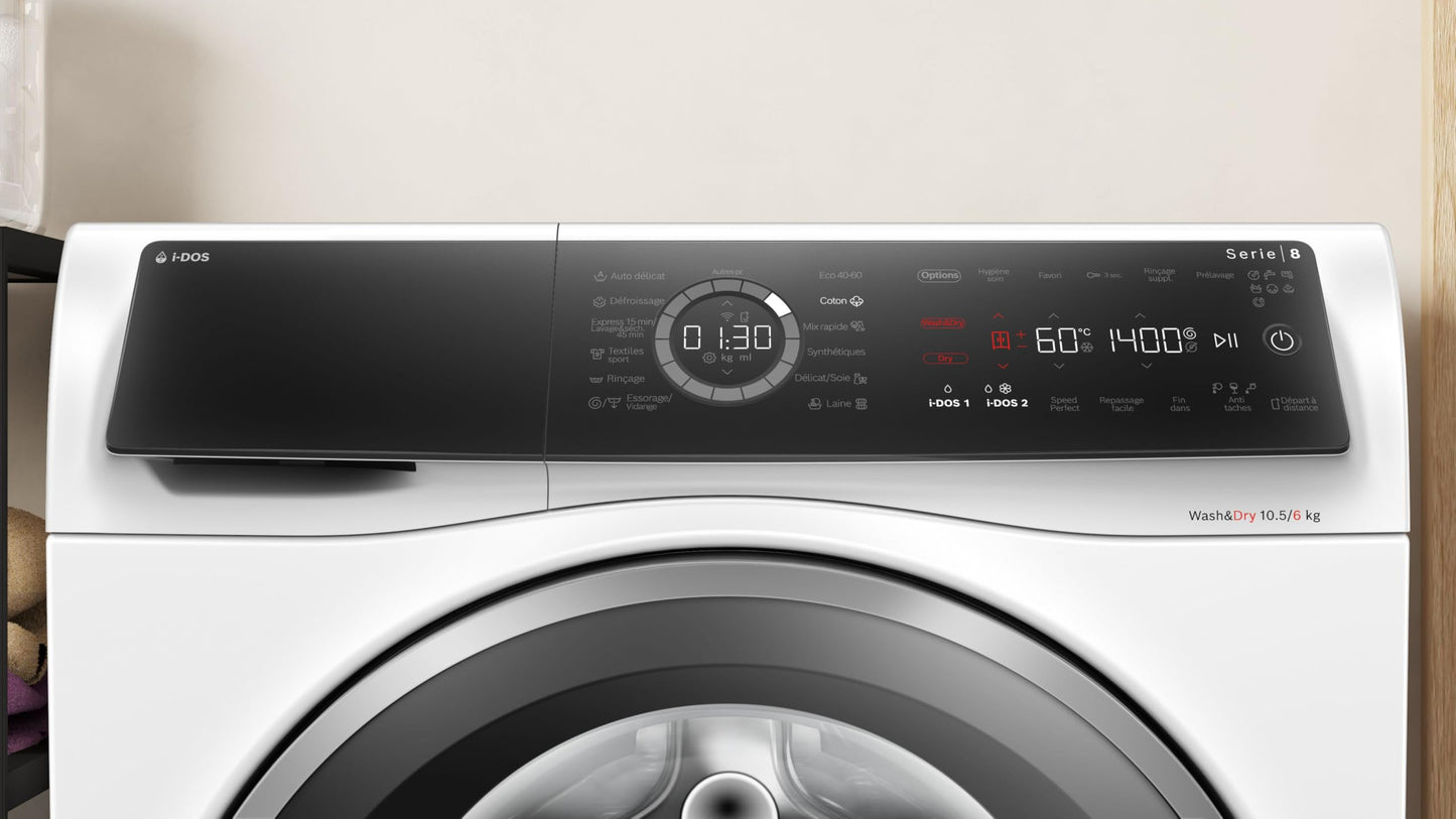 Bosch WNC254A0FR, Série 8, Lave-linge séchant, Pose-libre, 10,5 kg, 1400 trs/min, Blanc