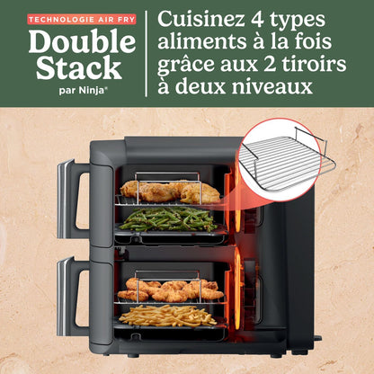 NINJA Double Stack XL Friteuse sans huile, friteuse verticale à 2 tiroirs, 4 niveaux cuisson, 2 tiroirs et 2 grilles, design compact, capacité de 9,5L, 6 fonctions de cuisson, 8 portions, gris SL400EU