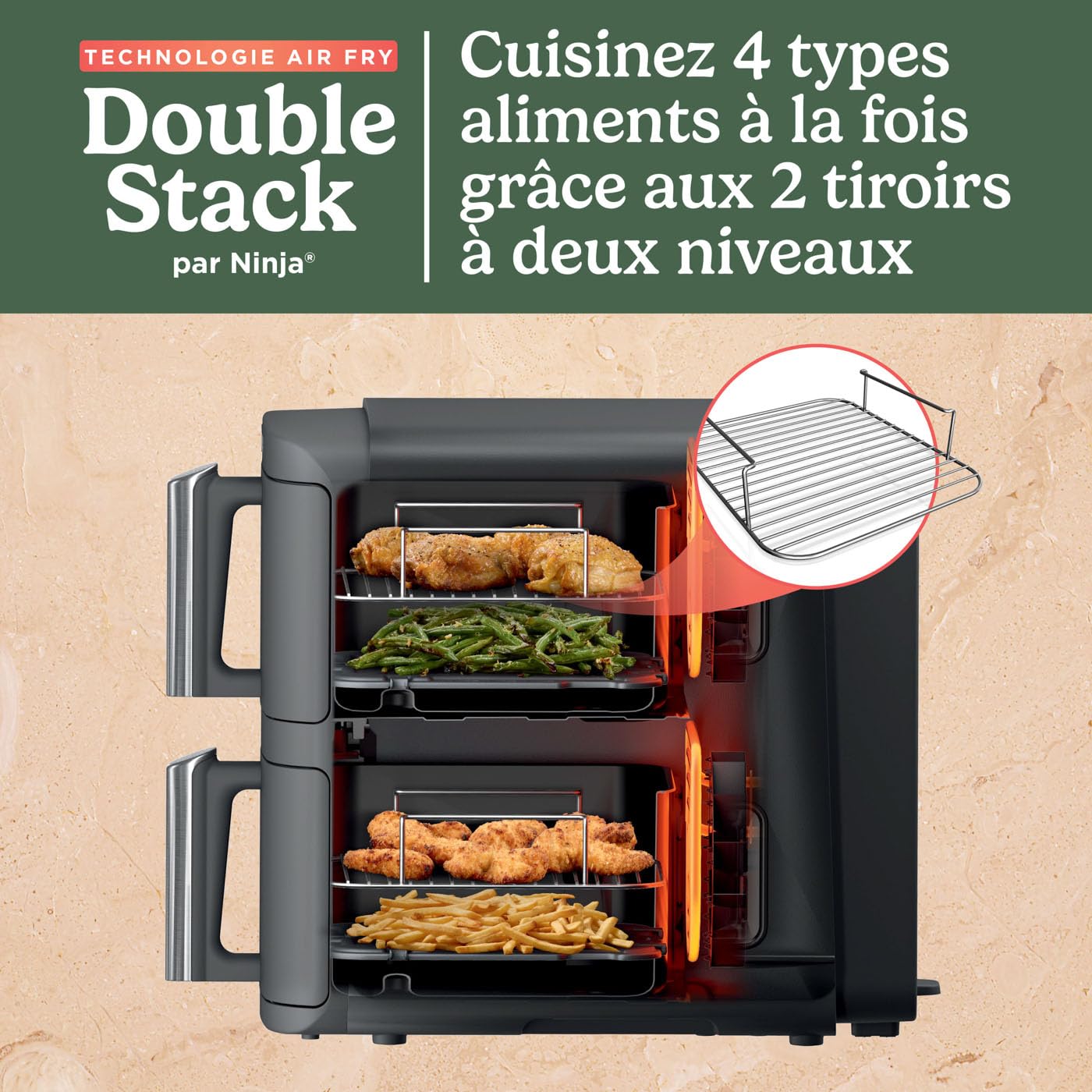 NINJA Double Stack XL Friteuse sans huile, friteuse verticale à 2 tiroirs, 4 niveaux cuisson, 2 tiroirs et 2 grilles, design compact, capacité de 9,5L, 6 fonctions de cuisson, 8 portions, gris SL400EU