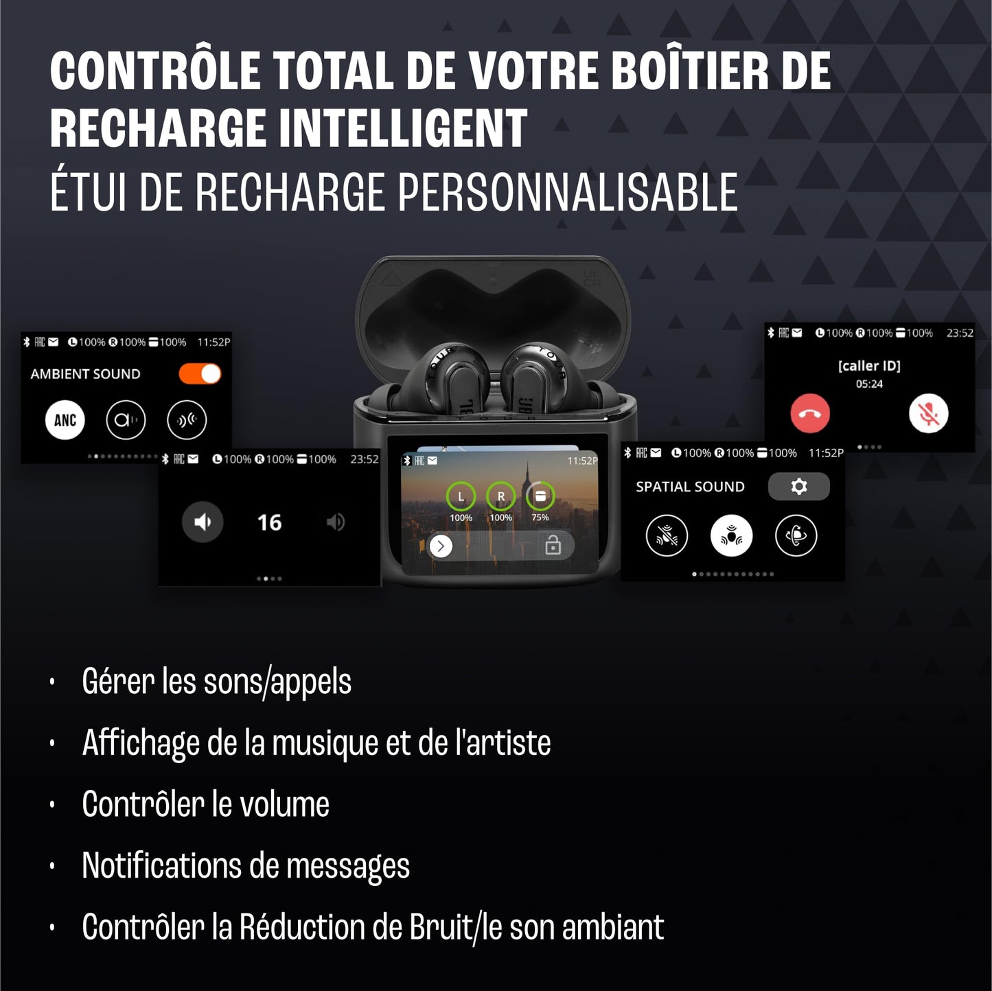 JBL Tour Pro 3, Écouteurs sans Fil, étui Intelligent de Recharge, 40h d'autonomie, avec Réduction de Bruit Adaptative, Bluetooth, Son Spatial 360, Noir